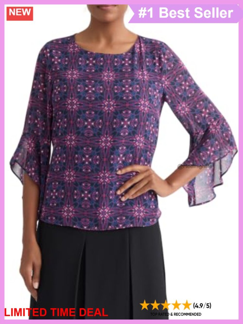 Chiffon Blouse with Three Quarter Ruffle Sleeves Crew Neck Pull On